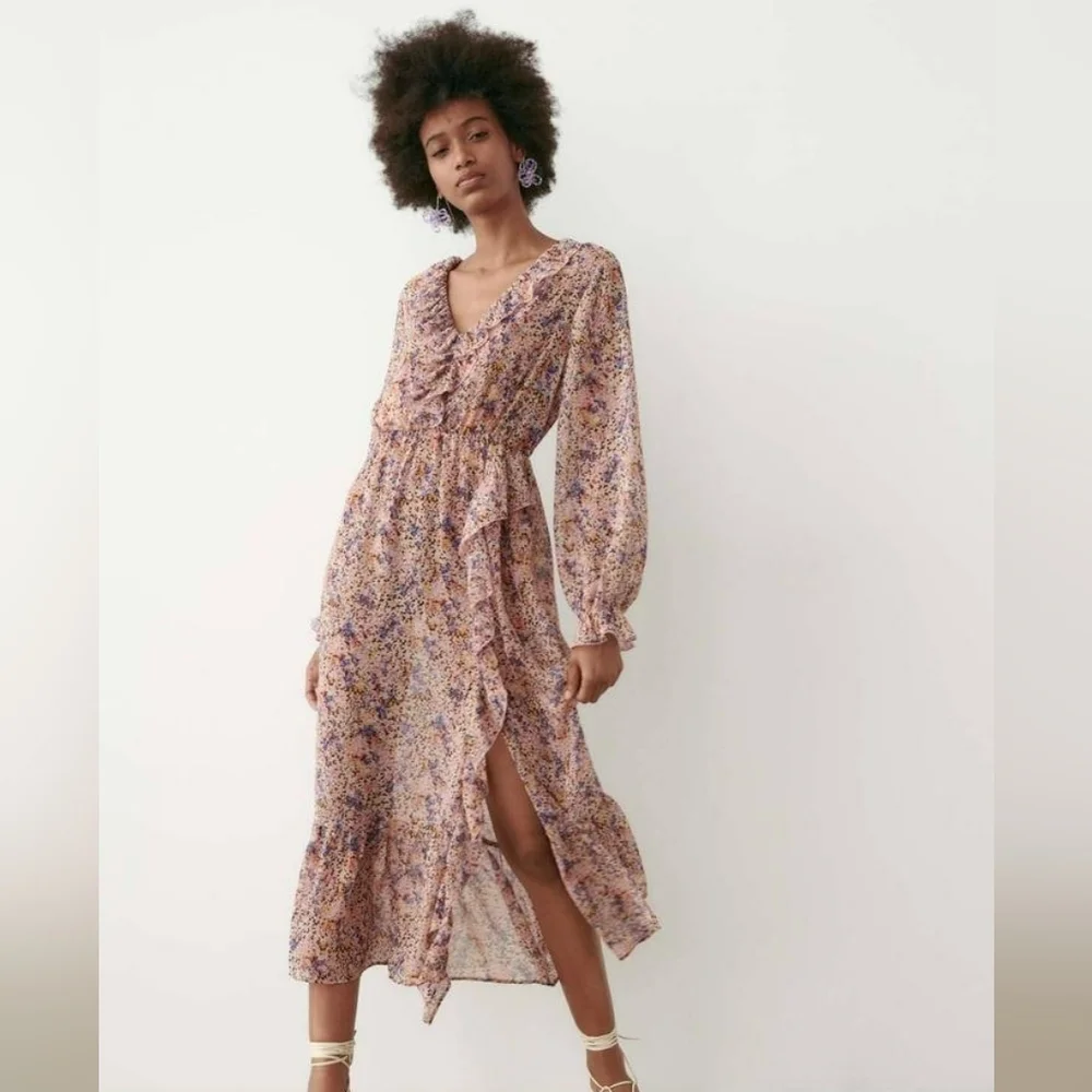 Small Zara Ruffled Floral Print Midi Dress Pink Flowy Boho - Picture 7 of 8